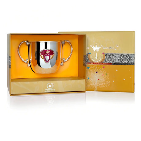 Kinderbecher mit zwei Henkeln 925 Silber Prinzessin-Motiv aus Emaille mit Vergoldung.