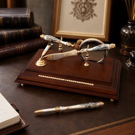 Luxuriöse Schreibtisch - Deko aus 925 Silber mit Niello