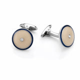 Manschettenknöpfe 925 Silber beige Emaille — Paar mit blauem Rand und Diamant mittig, Aufsicht