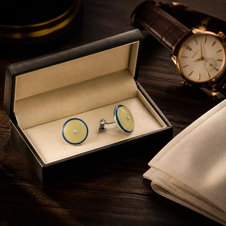 Silberne Manschettenknöpfe mit Diamant im geöffneten Etui auf dunklem Holz neben Armbanduhr — Lifestyle
