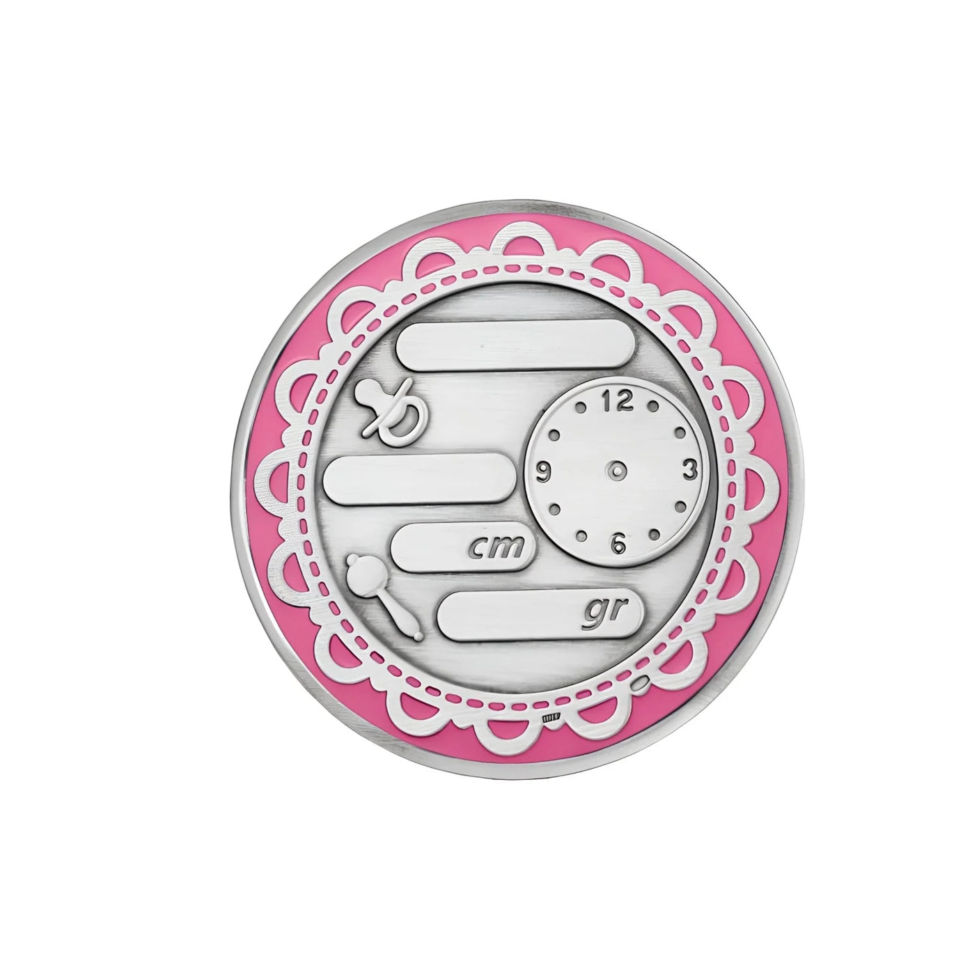 Rückseite 925 Silber Geburtstaler rosa. Felder für Gravur Name Datum Größe Gewicht Uhrzeit.