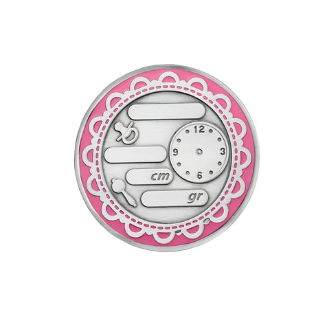 Rückseite 925 Silber Geburtstaler rosa. Felder für Gravur Name Datum Größe Gewicht Uhrzeit.