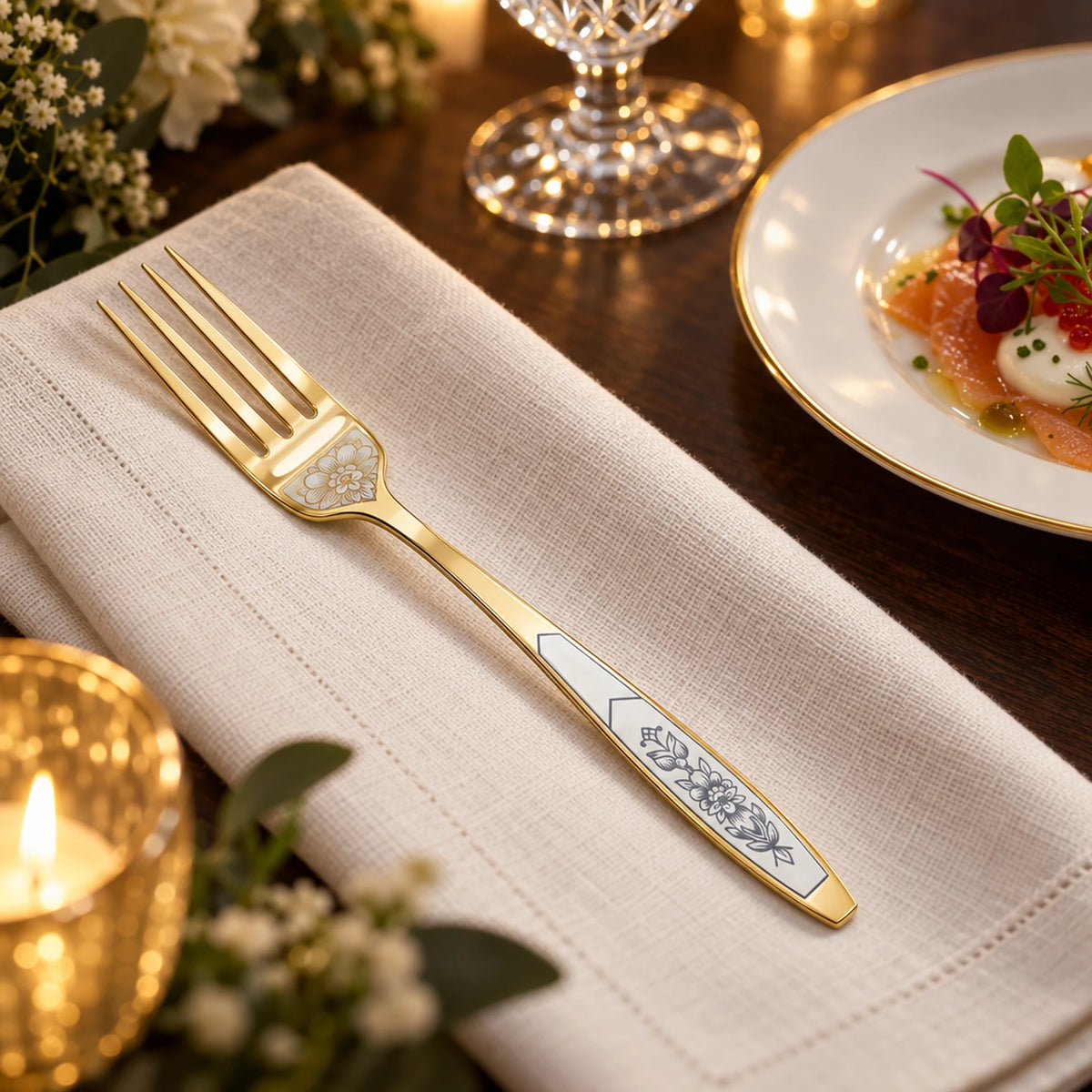 Menügabel 925 Silber vergoldet Astra Classic — Lifestyle-Setting an der gedeckten Tafel