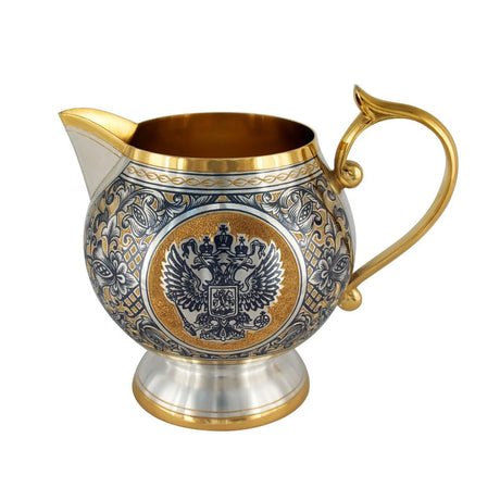 Milchkännchen 925 Silber vergoldet Souverän — Sahnegießer mit Doppeladler-Wappen, Goldhenkel, dunkles Rankenornament
