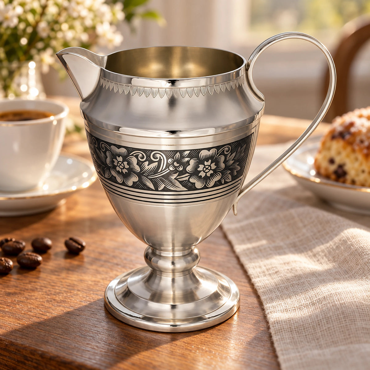 Milchkännchen 925 Silber Niello — Lifestyle-Setting am Kaffeetisch