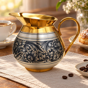 Milchkännchen 925 Silber vergoldet Niello — Lifestyle-Setting am Kaffeetisch