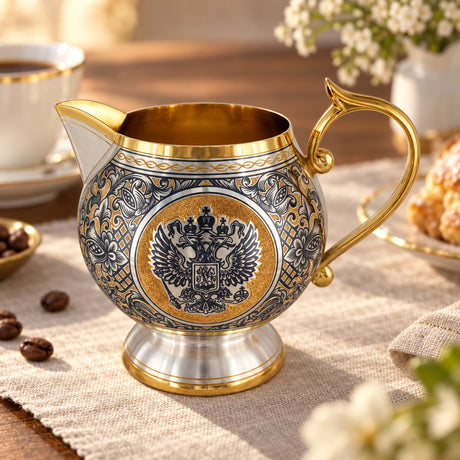 Milchkännchen 925 Silber vergoldet Souverän — Lifestyle-Setting am Kaffeetisch