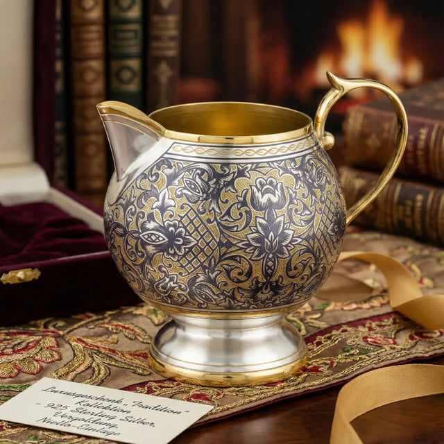 Milchkännchen Tradition 925 Silber vergoldet – Niello-Handgravur im edlen Wohnambiente
