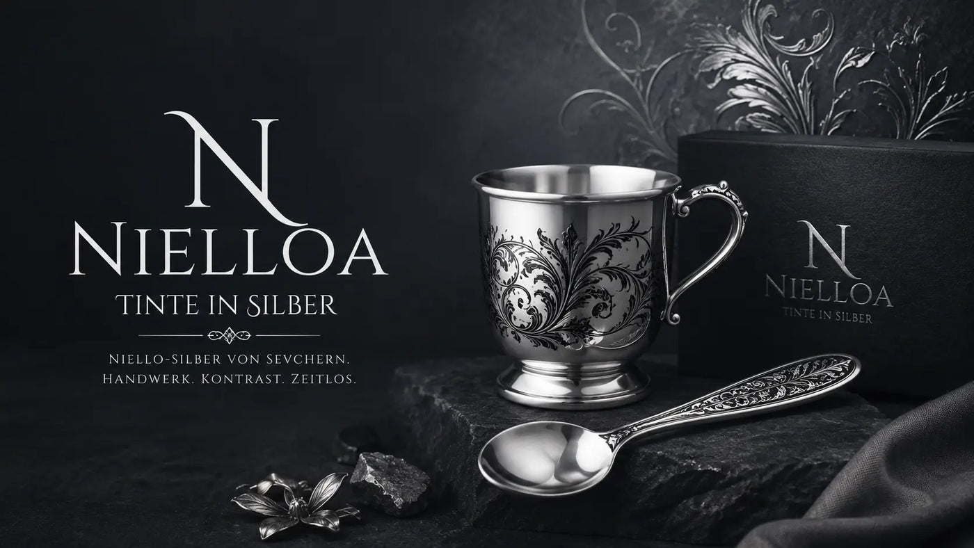 Nielloa Hero Banner mit kunstvoll graviertem Silberbecher und Löffel aus 925 Silber im luxuriösen Niello-Stil von SevChern für premiumgeschenk.de