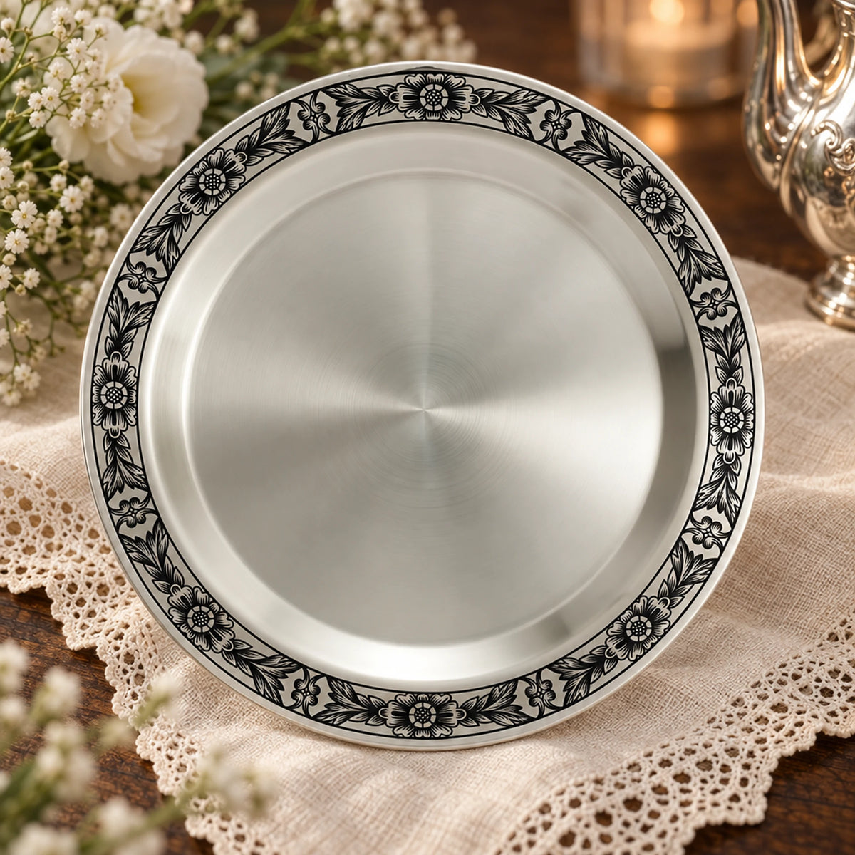 Obstteller 925 Silber Niello-Blütenrand — Lifestyle-Setting, Geschenk zur Geburt und Taufe