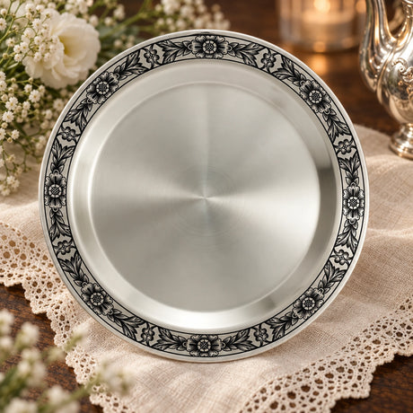 Obstteller 925 Silber Niello-Blütenrand — Lifestyle-Setting, Geschenk zur Geburt und Taufe