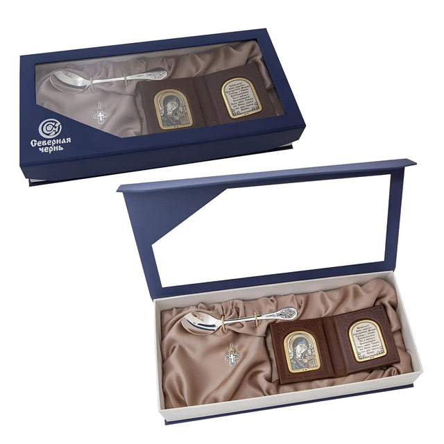 Orthodoxes Geschenkset 3 - teilig – Ikone, Kreuzanhänger & Silberlöffel