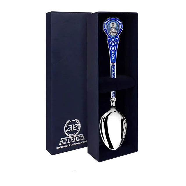 Tauflöffel 925 Silber „Heilige Matrona von Moskau“ – Blau - Emaille & gravierbar