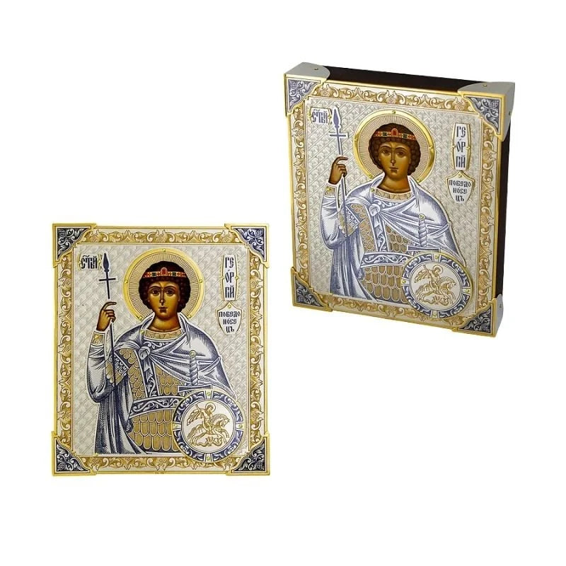Orthodoxe Ikone Georg der Siegreiche 925 Silber Niello — Krieger mit Lanze und Schild, Frontal- und Schrägansicht im Rahmen