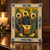 Orthodoxe Ikone "Heilige Dreifaltigkeit" Niello — Lifestyle-Setting im Andachtswinkel