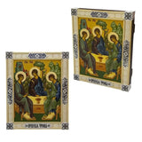 Orthodoxe Ikone Heilige Dreifaltigkeit 925 Silber Niello — drei Engel am Tisch in Gold und Silber, Frontal- und Schrägansicht