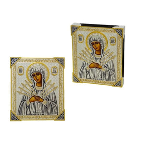Orthodoxe Ikone Mutter Gottes 925 Silber Niello vergoldet — Marienfigur mit Goldstrahlen, Frontal- und Schrägansicht im Rahmen