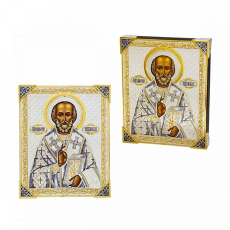 Orthodoxe Ikone St. Nikolaus 925 Silber Niello vergoldet — Bischof mit Segensgeste und Evangelium, Frontal- und Schrägansicht