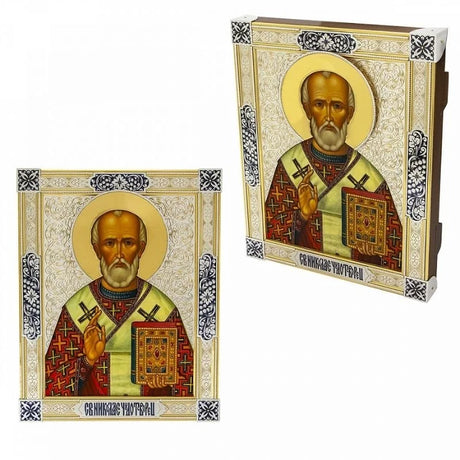 Orthodoxe Ikone St. Nikolaus 925 Silber Niello vergoldet — Bischof im goldenen Gewand, Frontal- und Schrägansicht im Rahmen