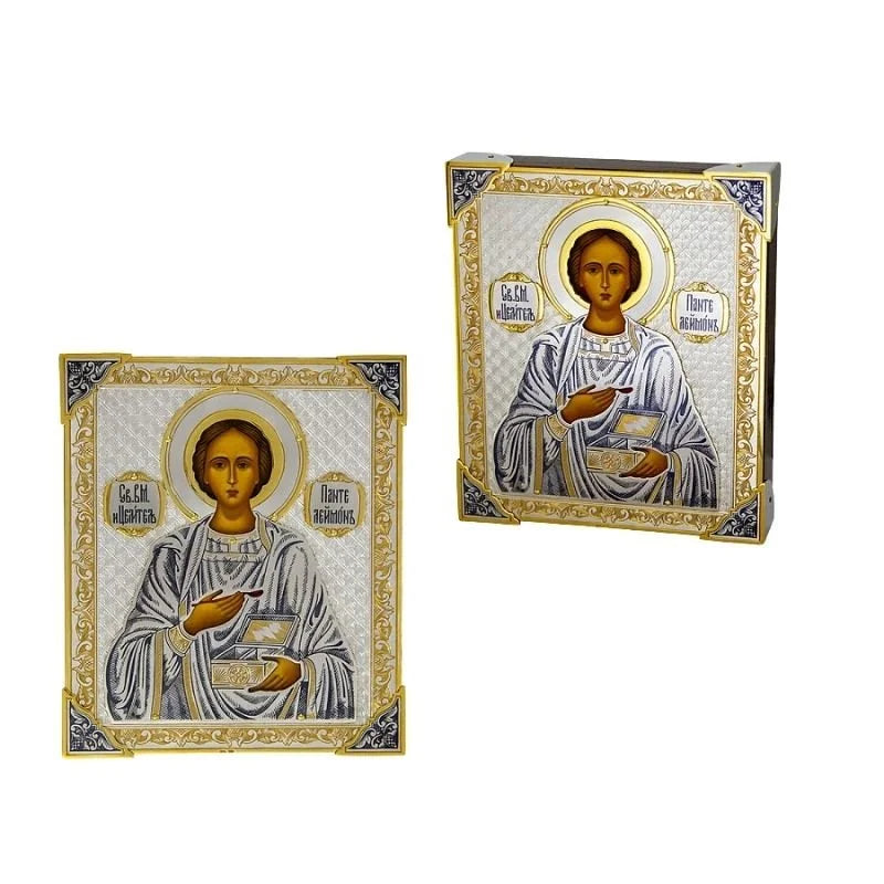 Ikone 925 Silber Panteleimon der Heiler — zwei Heiligenbilder mit Silberrahmen und goldfarbener Heiligenfigur