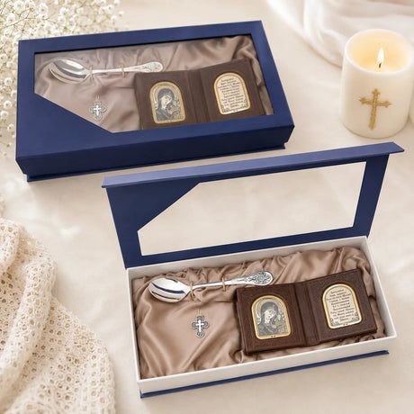 Orthodoxes Taufgeschenk-Set 925 Silber mit Tauflöffel, Faltikone Kasaner Gottesmutter und Kreuzanhänger im Tauf-Setting
