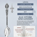 Infografik zum orthodoxen Taufset aus 925 Silber mit geschwärztem Schutzengel-Löffel, Kreuzanhänger und Weihe-Zertifikat.