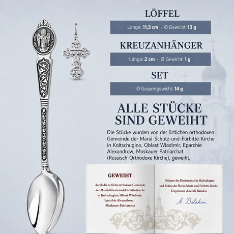 Infografik zum orthodoxen Taufset aus 925 Silber mit geschwärztem Schutzengel-Löffel, Kreuzanhänger und Weihe-Zertifikat.