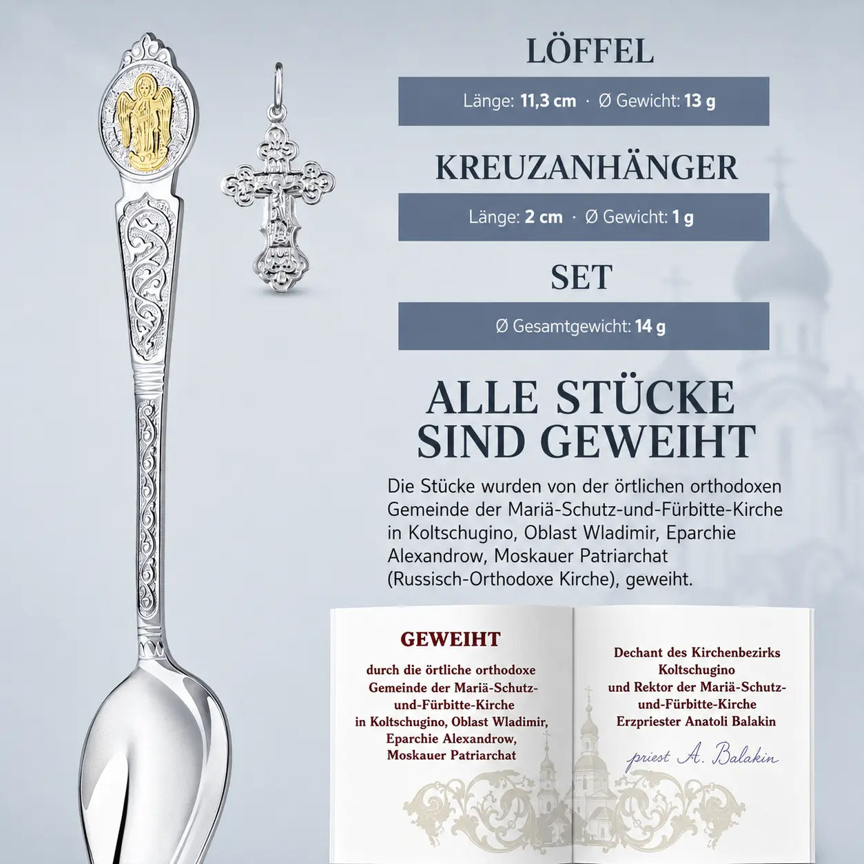 Infografik zum orthodoxen Taufset aus 925 Silber mit vergoldetem Schutzengel-Löffel, Kreuzanhänger und Weihe-Zertifikat.