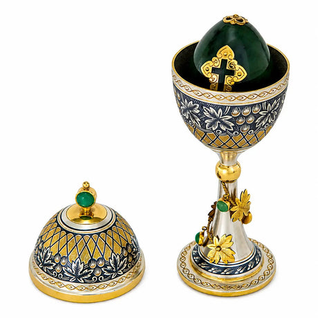 Souvenir - Ei im Silberkelch 925 — Nephrit - Ei, Niello, Edelsteine