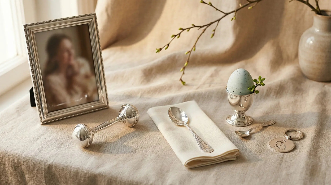 Edle Ostergeschenke aus 925 Silber für Babys und Familien – Babyrassel, Silberlöffel, Bilderrahmen und Silberbecher im warmen Frühlingslicht stilvoll dekoriert