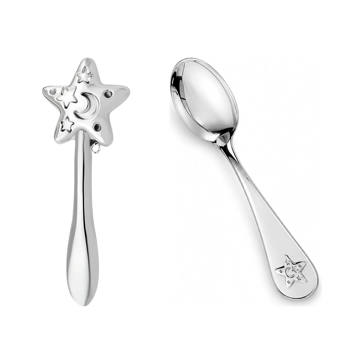 Taufset 925 Silber Sterne und Mond mit glatter Stielrassel und Babylöffel mit Stern-Relief, Freisteller auf Weiß