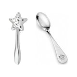 Taufset 925 Silber Sterne und Mond mit glatter Stielrassel und Babylöffel mit Stern-Relief, Freisteller auf Weiß