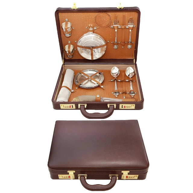 Brauner Leder-Picknickkoffer mit 2-teiligem Silberbesteck-Set und Tellern – 925 Silber, elegantes Nostalgie-Design.
