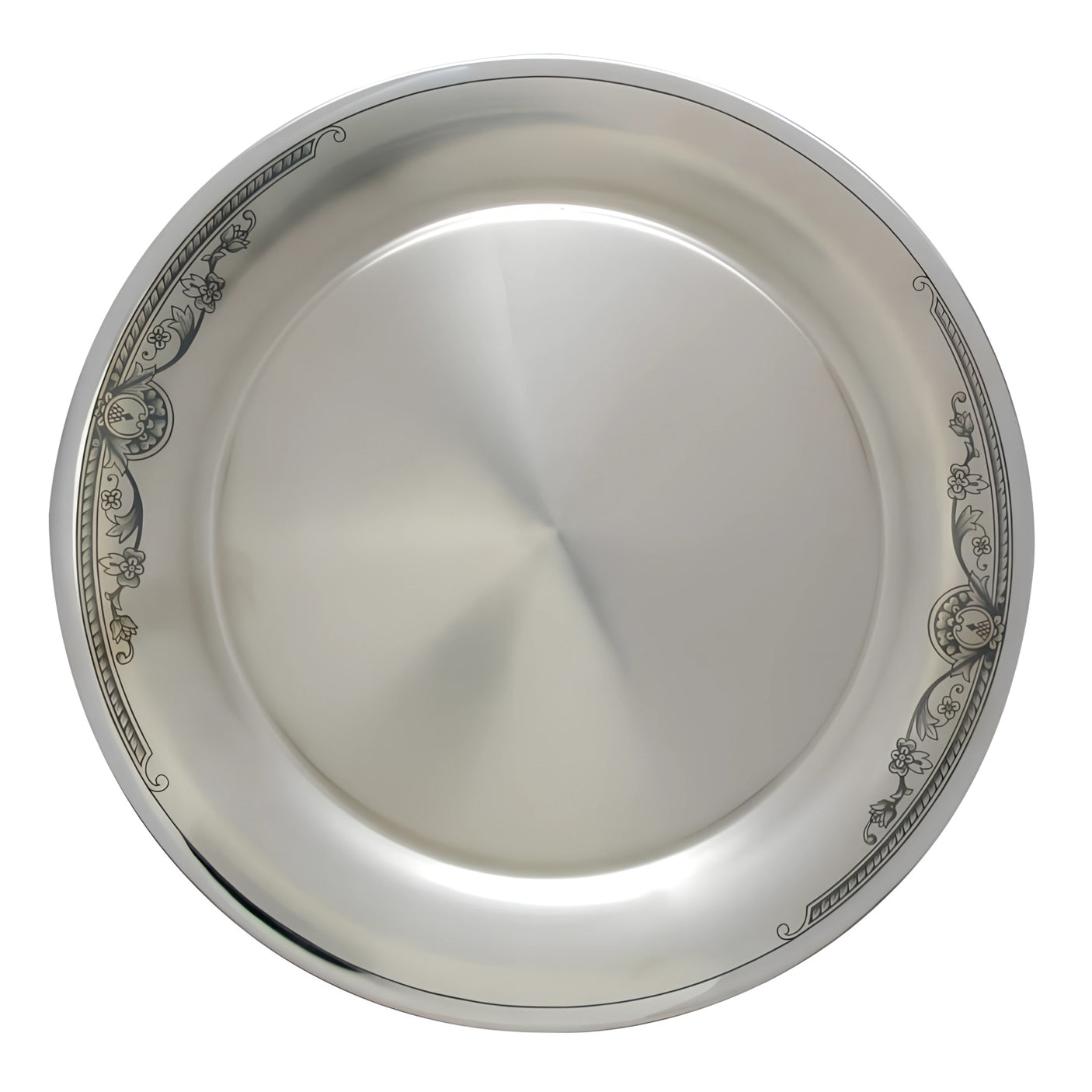Großer Platzteller aus 925 Silber mit floraler Niello-Verzierung – 26,3 cm Ø, handgefertigtes Silbertablett mit Gravur-Service