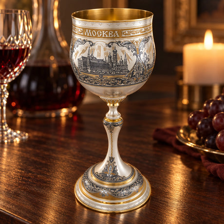 Prunkpokal Moskau 925 Silber Niello — Lifestyle-Setting am Weintisch