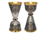 Doppelkelch 925 Silber vergoldet Niello — 2er-Set Sanduhr-Form mit Blütenornament und rotem Granat, Wendebecher