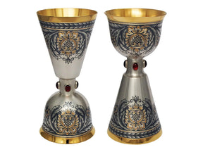 Doppelkelch 925 Silber vergoldet Niello — 2er-Set Sanduhr-Form mit Blütenornament und rotem Granat, Wendebecher
