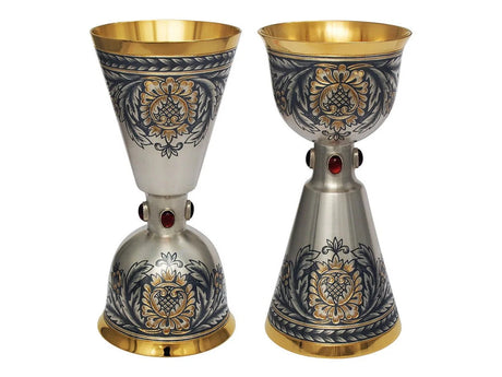 Doppelkelch 925 Silber vergoldet Niello — 2er-Set Sanduhr-Form mit Blütenornament und rotem Granat, Wendebecher