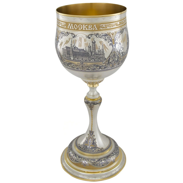 Prunkpokal 925 Silber vergoldet — Stielpokal mit Moskau-Kreml-Panorama in Niello, Goldakzente, Sammler-Geschenk