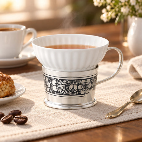 Teetasse Porzellan & 925 Silber Niello 125 ml — Lifestyle-Setting am Kaffeetisch