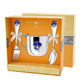 Baby-Besteckset aus 925er Silber mit Prinz-Design, blauer Emaille & goldener Krone. Ideal als Taufgeschenk.
