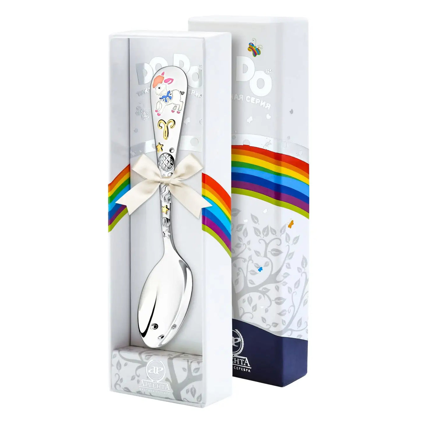 Geschenkbox mit Babylöffel 925 Silber Widder – DoDo-Kollektion für Jungen mit blauem Akzent