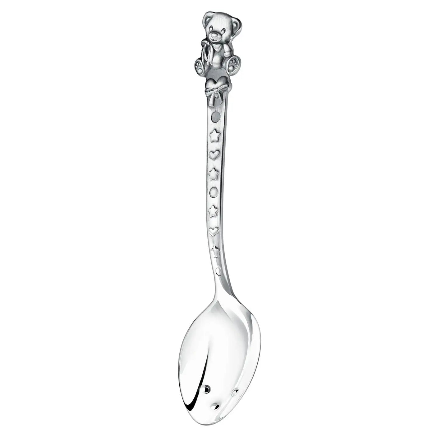 Babylöffel aus 925 Silber mit geschwärztem Teddybär – in der Hand präsentiert und auf Tisch gelegt, Detailaufnahme des Motivs.
