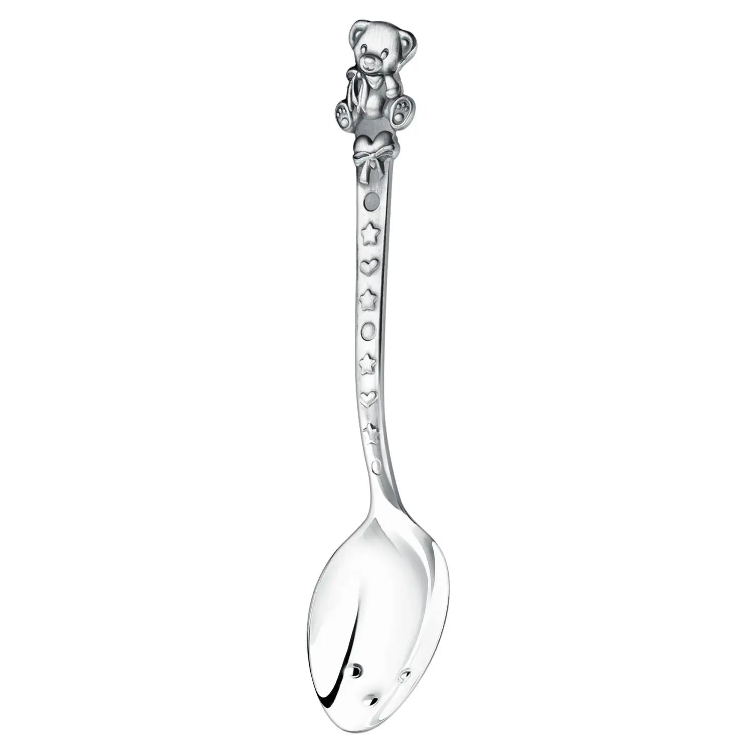 Babylöffel aus 925 Silber mit geschwärztem Teddybär – in der Hand präsentiert und auf Tisch gelegt, Detailaufnahme des Motivs.