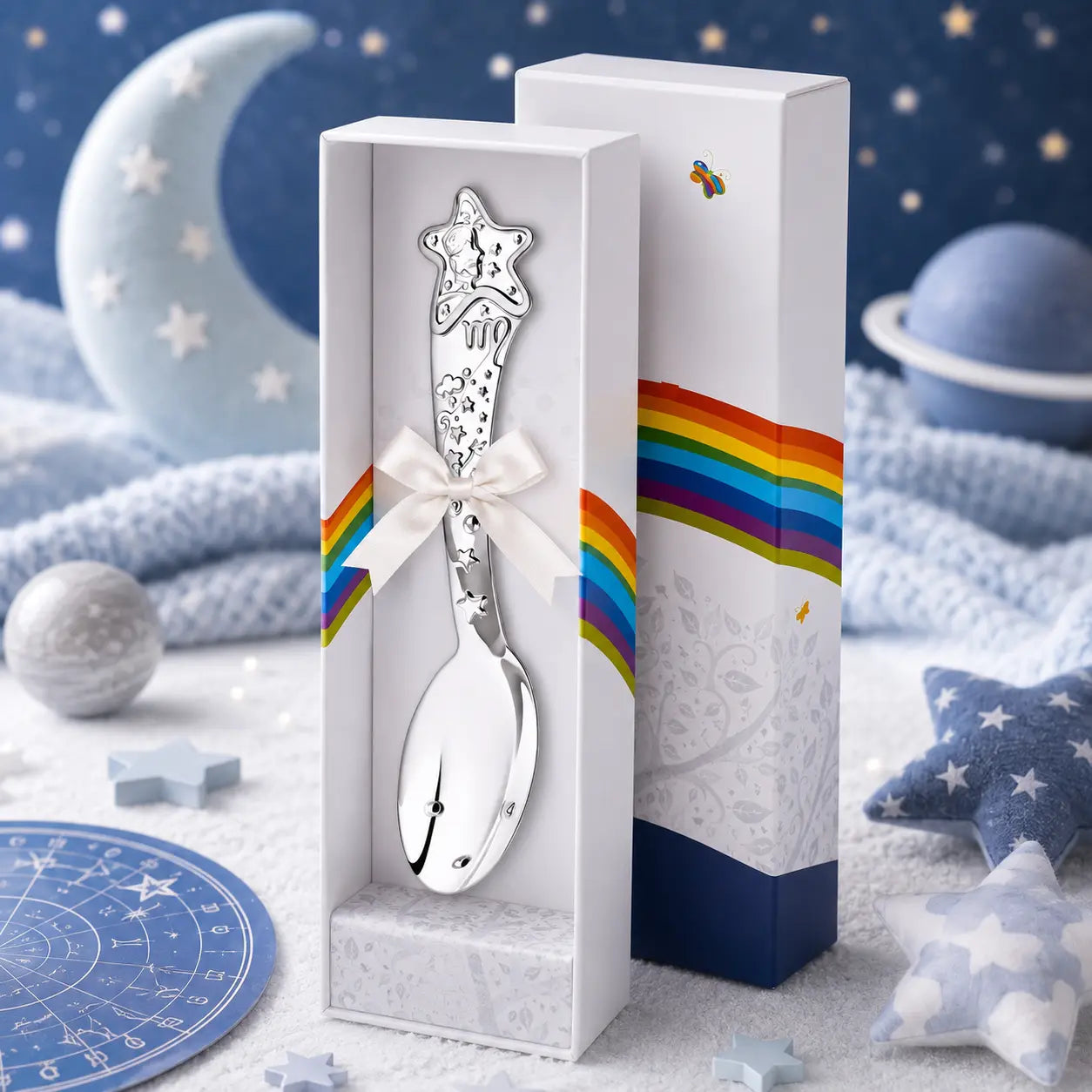 Babylöffel Sternzeichen Jungfrau aus 925 Silber mit farbigem Emaille-Motiv, Sternen und Geschenkbox