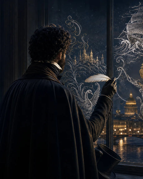 Dichter im Umhang am Fenster zeichnet Puschkins Märchen als Silberlinien auf die Scheibe – Banner der Puschkin-Serie in Niello-Silber