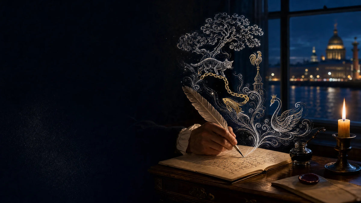 Hand mit Gänsefeder schreibt bei Kerzenlicht, aus der Tinte steigen Silberlinien mit Motiven aus Puschkins Märchen – Banner der Puschkin-Serie in Niello-Silber