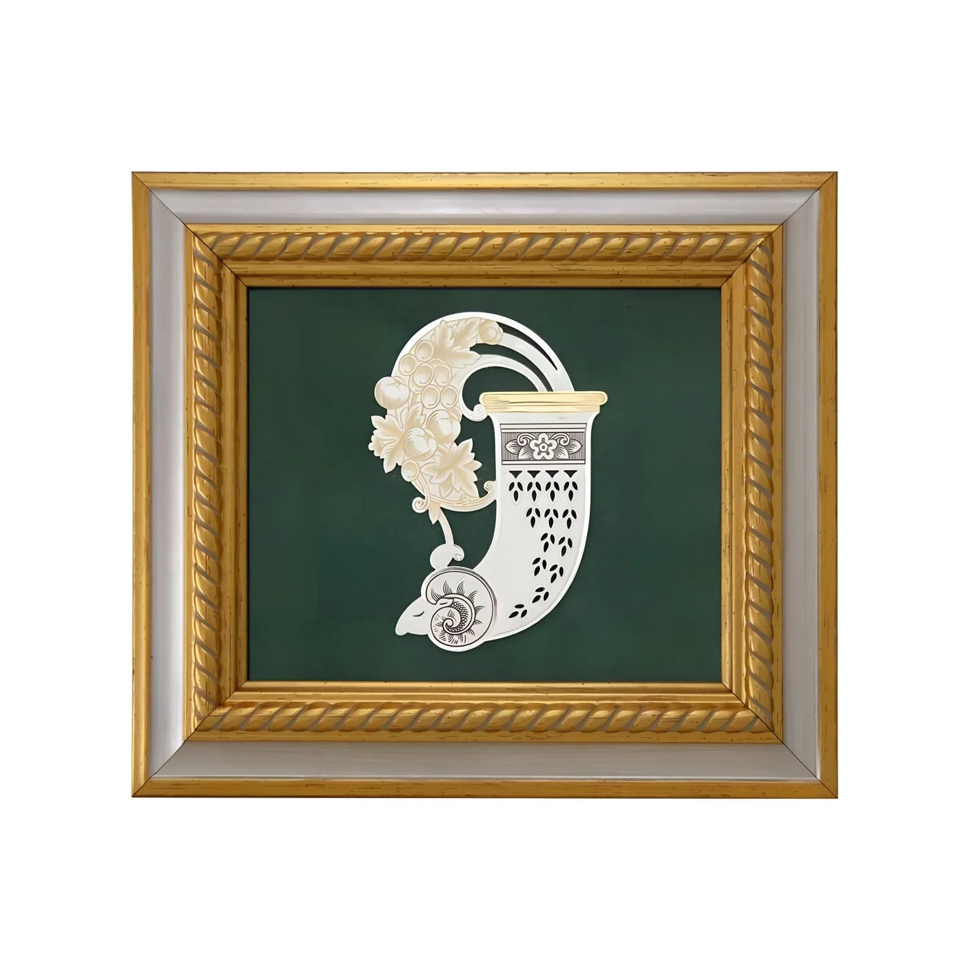 Wandbild 925 Silber vergoldet Horn des Reichtums — Silber-Relief mit Füllhorn auf grünem Samt im Goldrahmen