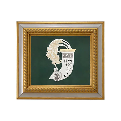 Wandbild 925 Silber vergoldet Horn des Reichtums — Silber-Relief mit Füllhorn auf grünem Samt im Goldrahmen