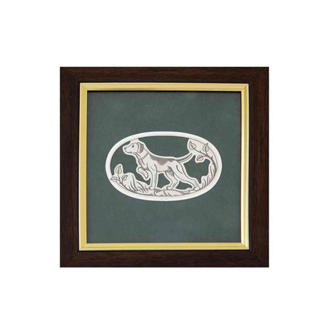 Wandbild 925 Silber Jagdhund — ovales Silber-Relief mit Pointer auf grünem Samt im Holzrahmen
